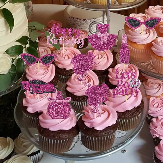 24 Pcs Glitter Princess Cupcake Toppers Pink Girl Cupcake Picks Let's Go Party Lipstick Cake Decorations for Girl Princess Theme Bridal Shower Wedding Birthday Party Supplies