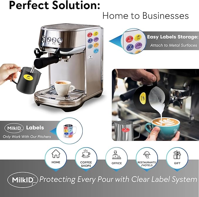 Milk Frothing Pitcher with 8 Allergen Silicone Snap-On Labels | Must-Have Barista Tool | Coffee Bar Accessories & Espresso Accessories Kit | (12oz / Black Pitcher + Labels)