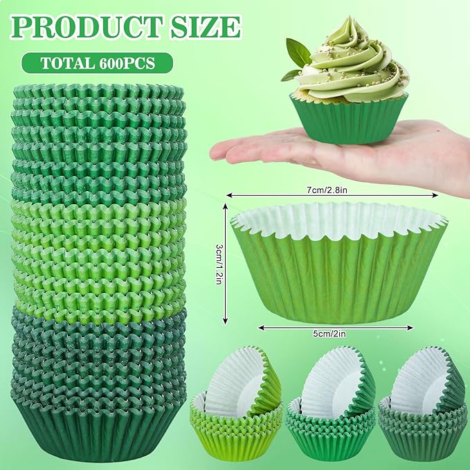 Whaline 600Pcs Green Cupcake Liners Gradient Green Print Baking Cups Holders Cupcake Wrappers Muffin Liners for Baby Shower Bridal Shower Wedding Birthday Party Decoration