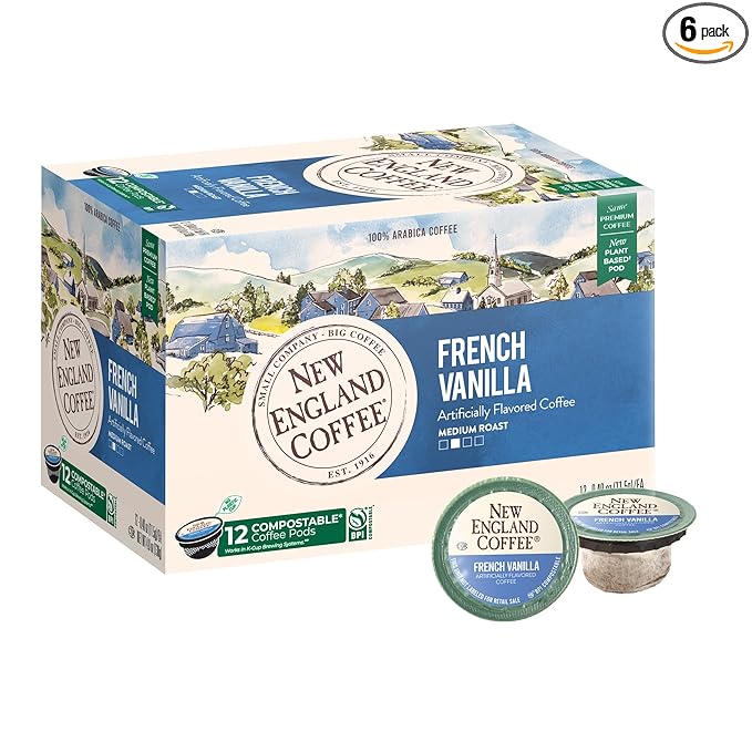 New England Coffee French Vanilla Medium Roast Single Serve Pods, 12ct Box (Pack of 6)