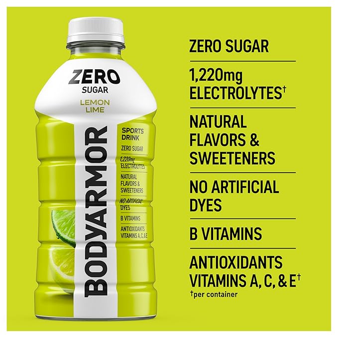 BODYARMOR ZERO Sugar Lemon Lime, Sugar Free Sports Drink - Low-Calorie Hydration - Natural Flavors with Potassium Packed Electrolytes, Antioxidants, and B-vitamins, 28 fl oz (Pack of 15)