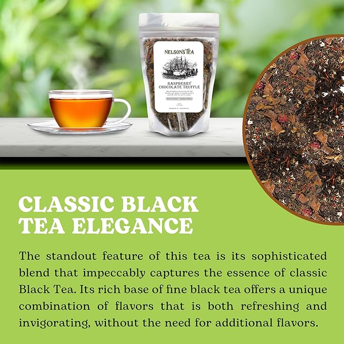 Nelson's Tea Raspberry Chocolate Truffle - Loose Leaf Black Tea with Raspberry Leaf, Chocolate Rooibos, Truffle Essence, Carob Beans, Hibiscus & Chocolates Chips, Infused with Natural Flavors - 4 oz.