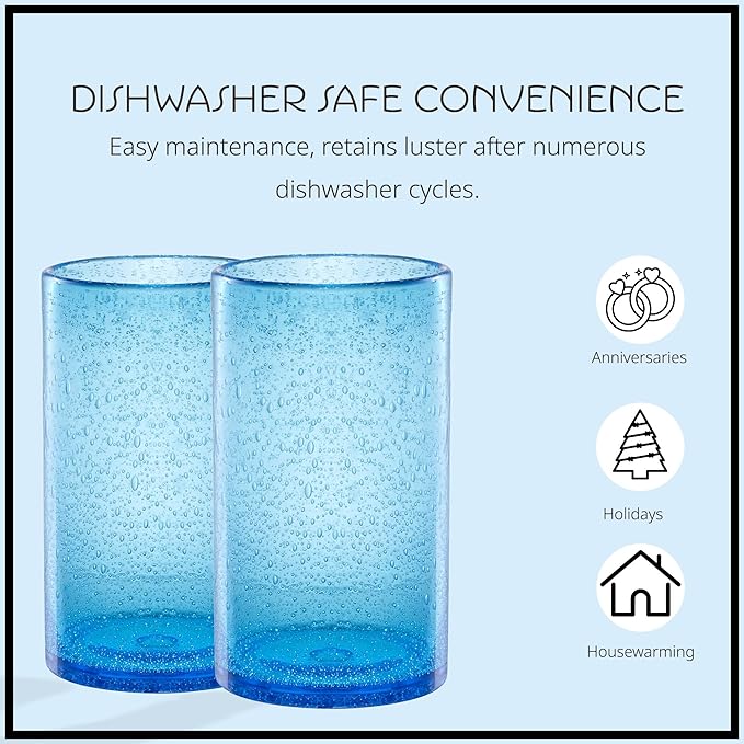 Artland 17oz Highball Tumbler, Set of 4 | Iris Seeded Design, Turquoise | Drinking Glass for Parties and Everyday Use - Mojito, Whiskey, Cocktail | Glassware & Kitchenware Essentials