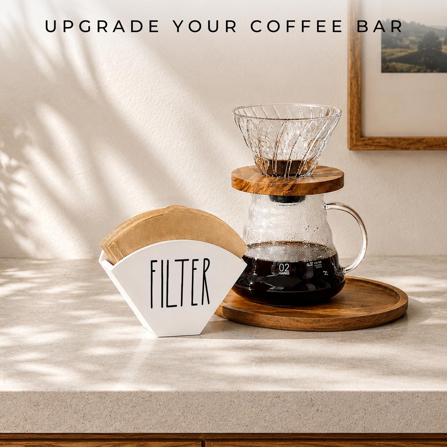 CHONIC Wood Coffee Filter Holder, Farmhouse Cone Filter Storage Organizer, Wall Mount Coffee Bar &