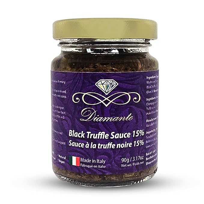 Diamante Italy Black Truffle Sauce with High 15% Black Truffle Content - Authentic Italian Gourmet Black Truffle & Mushroom Sauce - Non GMO, Vegan & Made in Italy - 90g