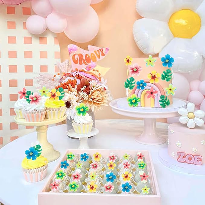 83 PCS Edible Tropical Palm Leaves and Hawaii Flowers Cupcake Toppers Edible Flowers Cupcake Picks Hawaii Theme Cake Decorations for Jungle Theme Birthday Party Wedding Cake Decoration Supplies