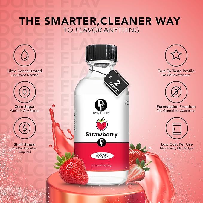 Dolce Flav Strawberry Extract 8 oz ??Kosher, Sugar-Free, Concentrated Berry Flavor for Candy, Chocolates & Desserts, Includes Measured Dropper