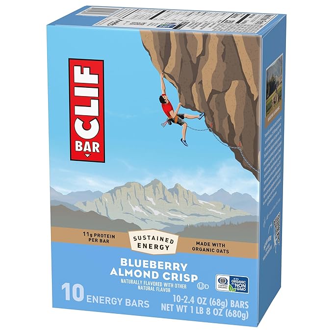 CLIF BAR - Blueberry Almond Crisp - Made with Organic Oats - Energy Bars - Non-GMO - Plant Based Protein Bars (10 Pack)