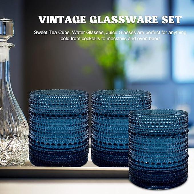 Set of 4 Vintage 12 oz Crystal Glasses, Old Fashioned Glass Cups for Water, Juice, Coffee, and Beer (Blue)