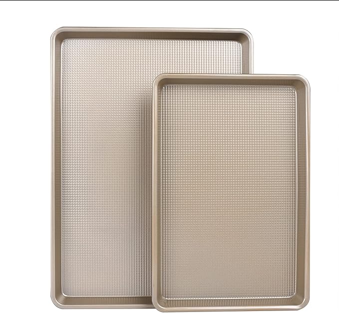 Kitcom Nonstick Cookie Sheet Baking Pan Sets 2 Piece, Heavy Duty Carbon Steel Professional Half Cookie Molds, 17.7x12.8in,14.7x10in, Champagne Gold