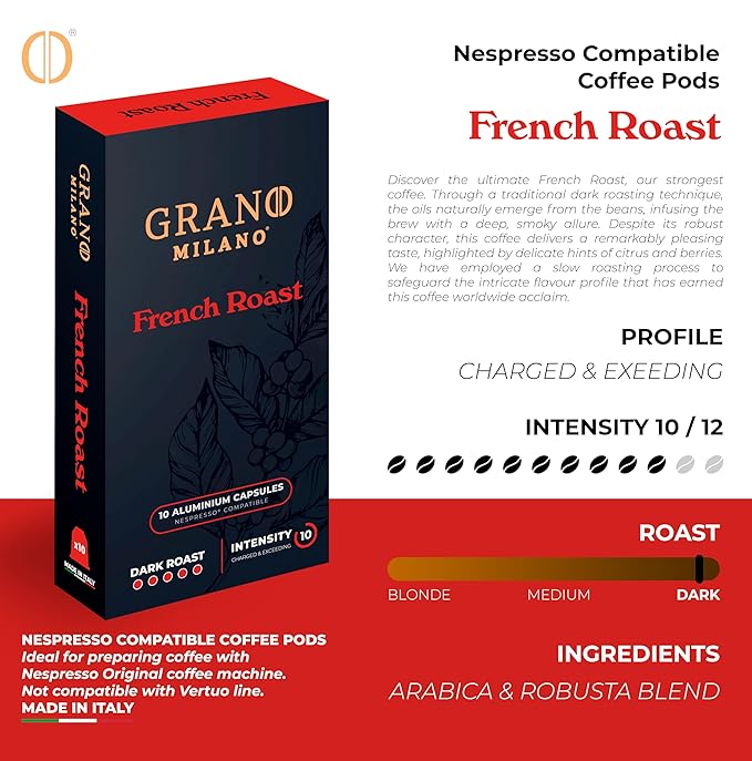 New Grano Milano French Roast Coffee Capsules - 50 Aluminum Coffee Pods Compatible with Nespresso Original line, Dark Roast - Intensity 10/12, Made in Italy