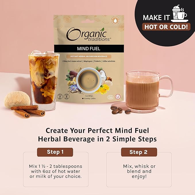 Organic Traditions Mind Fuel Instant Mushroom Coffee Alternative – Caffeine-Free Herbal Mushroom Drink - Organic Lion’s Mane, Maca, Dandelion & Chicory – Focus, Energy & Cognitive Support – 10 Servings – 140g, 7.4oz