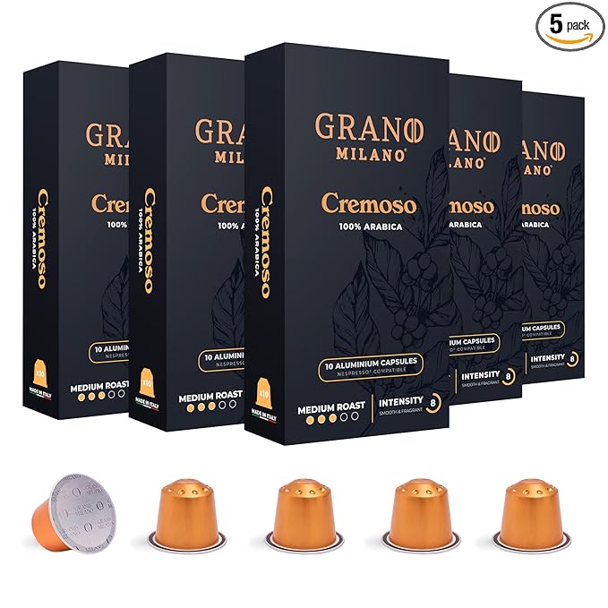 Grano Milano Cremoso Coffee Capsules - 50 Aluminum Coffee Pods Compatible with Nespresso Original line,100% Arabica Medium Roast - Intensity 8/12, Made in Italy