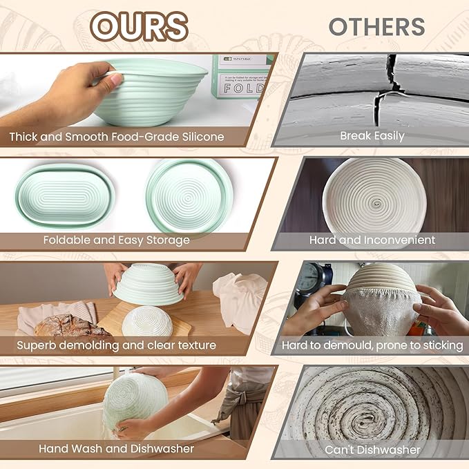 Banneton Bread Proofing Basket - 9.5 Inch Round & 10.4 Inch Oval Foldable Proofing Baskets Set of 2 with Liners for Professional & Home Artisan and Starter Kit with Bread Making Tools,Green