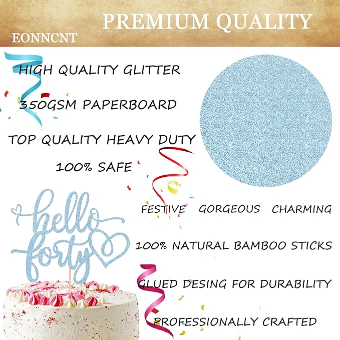 Hello Forty Cake Topper - Light Blue Glitter 40th Birthday Cake Decorating Supplies for Women, Hello 40 Cake Decor for 40th Birthday/Anniversary Party Photo Booth Props