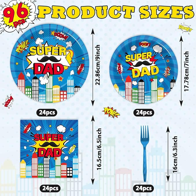 96Pcs Happy Fathers Day Paper Plates and Napkins Super Dad Party Decorations Super Theme Dessert Plates Hero Cityscape Birthday Tableware for 24 Guests Papa Grandpa Best Dad Daddy Men Party Supplies