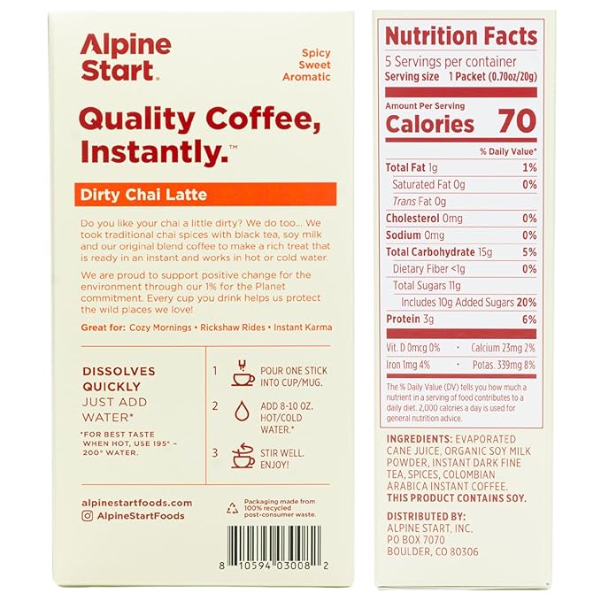Alpine Start Instant Dirty Chai Latte, Coffee Blended with Traditional Chai Spices, Black Tea and Soy Milk, Vegan and Dairy Free (0.70 Oz) Pack of 5