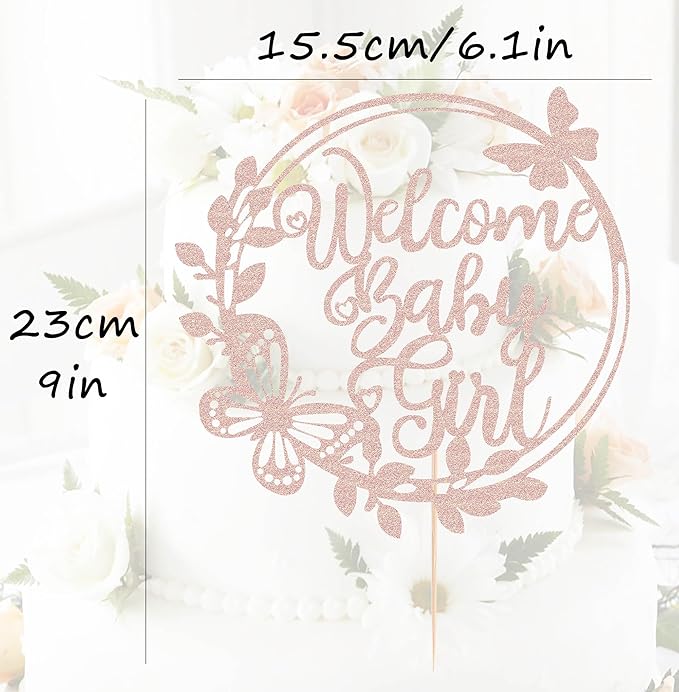 Welcome Baby Girl Cake Topper - Rose Gold Glitter Baby Shower Cake Decorations, Baby Girl Cake Topper, for Baby Shower/Birthday Party/Gender Reveal Party Photo Booth Props