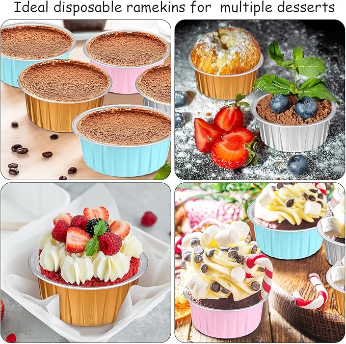 150 Pcs Cupcake Liners with Lids 5 oz Aluminum Foil Cupcake Baking Cups Disposable Ramekins Muffin Cups Mini Aluminum Pans with Lids Holder for Creme Brulee(Gold Silver Pink Blue)