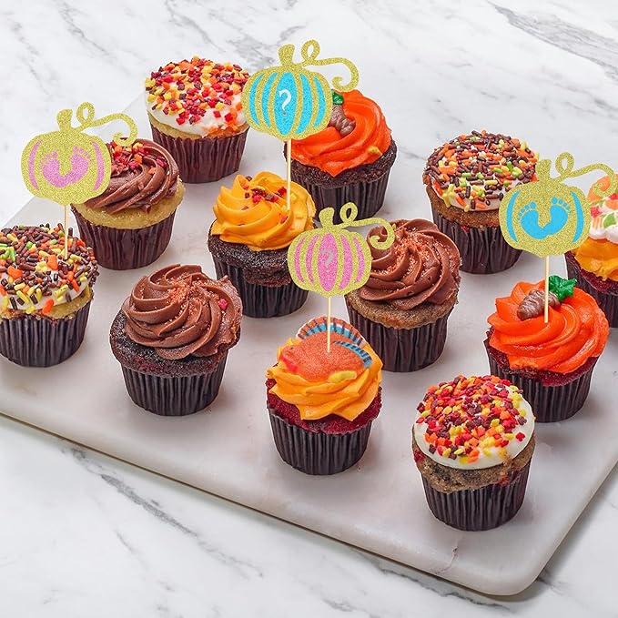 24Pcs Pumpkin Boy or Girl Cupcake Toppers Gender Reveal Cake Topper Pumpkin Cupcake Picks Baby Little Feet Cake Decorations for Fall Theme Baby Shower Kids Birthday Party Supplies