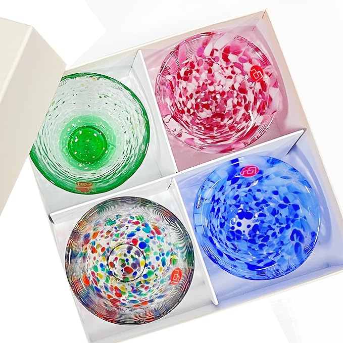 Japanese Handcrafted Sake Glass Set, Artisan Glassware for Cold Sake and Shochu, Made in Japan (Sake Cup Set (4pcs) ??Festival & Nature Series, 1.7 fl oz (50ml))