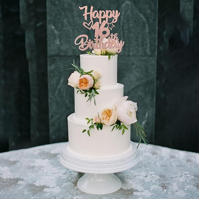1 Pack Happy 16th Birthday Cake Topper Glitter Heart Star 16 Fabulous Cake Pick Birthday Sign Cake Decorations for Children 16th Birthday Theme Party Supplies Rose Gold