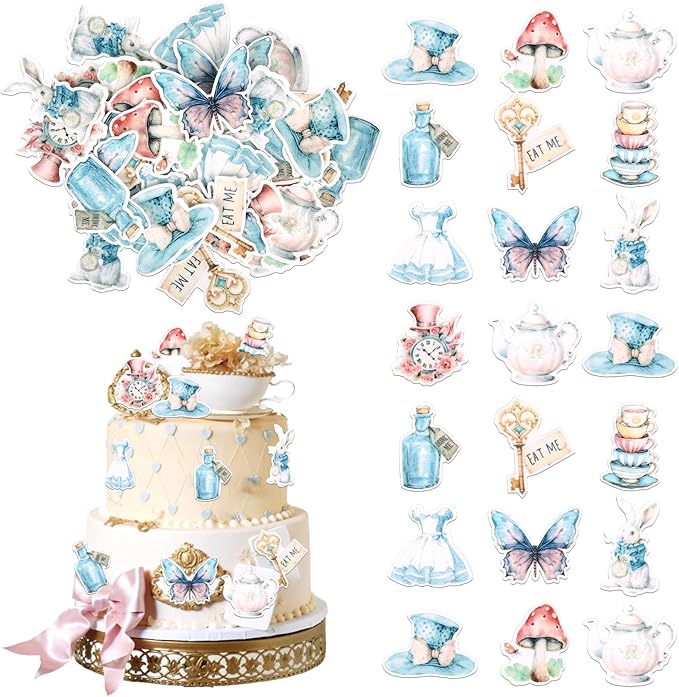 60 PCS Edible Alice in Wonderland Cupcake Toppers Tea Party Cake Decorations Edible Butterfly Flower Bowl Key Clock Eat Me Cupcake Picks for Tea Party Baby Shower Birthday Party Decorations Supplies