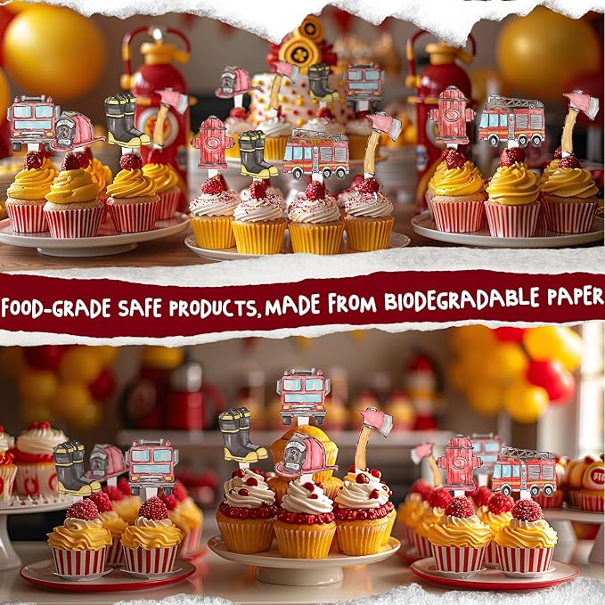 36 Pcs Firetruck Cupcake Toppers - Fireman Party Decorations - Perfect for Firetruck Birthday, Fireman Baby Shower and Fire Truck Cake Decor