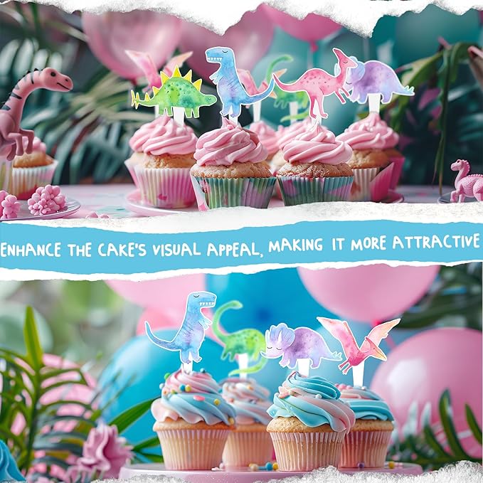 36 Pcs Pink Dinosaur Cupcake Toppers - Pink Dinosaur Party Decorations and Girl Dinosaur Party Cupcake Toppers