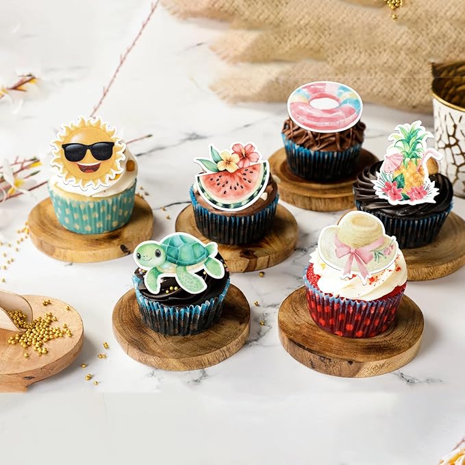 60 Pack Edible Summer Beach Theme Cake Topper Umbrella Chair Palm Tree Watermelon Pineapple Cake Pick Hawaiian Beach Cupcake Decorations for Baby Shower Birthday Wedding Party Supplies