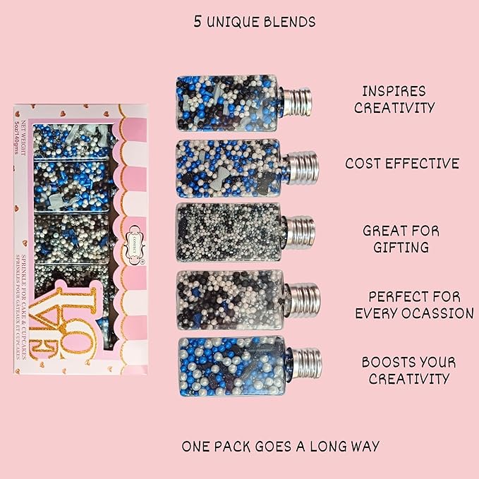 Confect Edible Sprinkles ??Assorted Pack of 5 | Black, Blue & White Sprinkles Mix for Cake Decorating, Cupcakes, Cookies, and Party Desserts | Vegan, Gluten-Free, Nut-Free, Soy-Free, Dairy-Free, Palm Oil-Free- 5 Oz