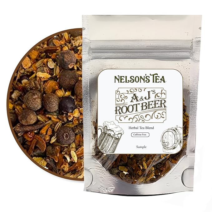 Nelson's Tea A&J's Root Beer - Sarsaparilla Root Herbal Loose Leaf Tea - A Harmonious Blend of Flavorful Ingredients like Sarsaparilla, Burdock Root, Birch Bark (Sample)