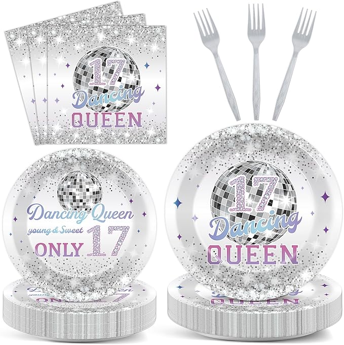96Pcs Dancing Queen Plates and Napkins for 17 Birthday Party Decorations for Girls Silver 17 Year Old Dessert Plates Dancing Queen Tableware Set for 24 Guests 17 Birthday Party Supplies