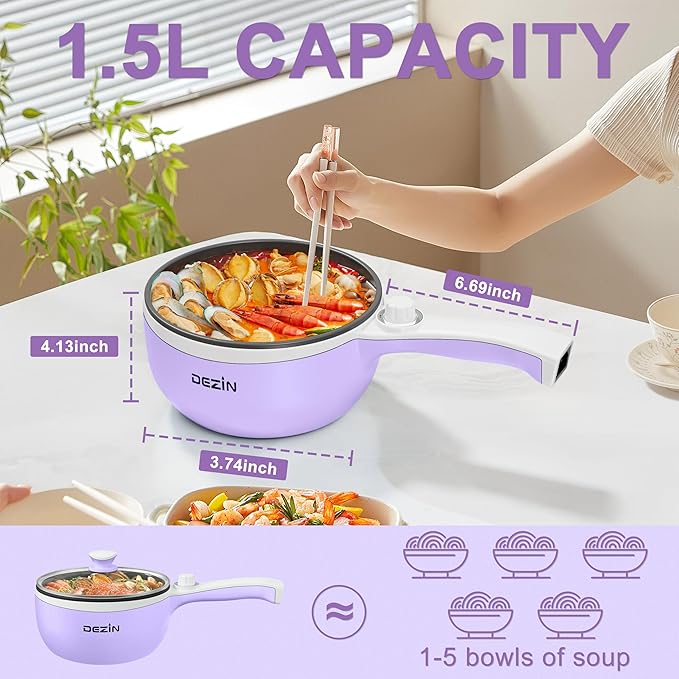 Dezin Hot Pot Electric Upgraded, Non-Stick Saut챕 Pan, Rapid Noodles Electric Pot, 1.5L Mini Portable Hot Pot for Steak, Egg, Fried Rice, Ramen, Oatmeal, Soup with Power Adjustment
