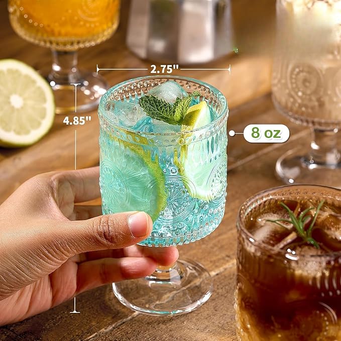 Vintage Goblet Glasses Set of 4, 8oz Embossed Floral Wine Glasses, Clear Glass Cups for Tea, Wine, Beer, or Cocktails (Set of 4)