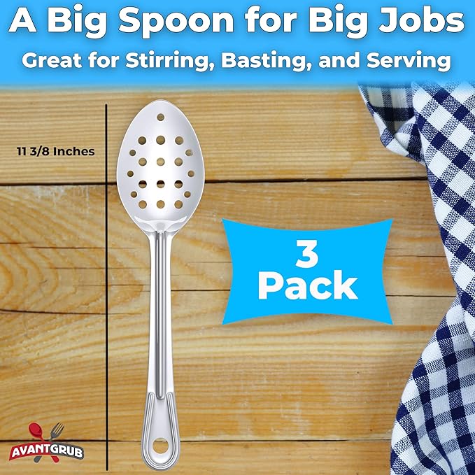 Super Strong, Ergonomic 11 in Serving Spoon 3 Pk. Big, Perforated Stainless Steel Spoons for Cooking, Baking and Basting. Best Kitchen Flatware for Buffet and Banquet Service in Restaurants and Homes