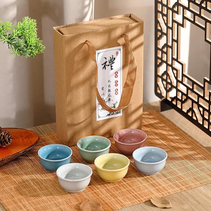 Skyley 6 Pieces Korean Soju Shot Glasses Sets Porcelain Cups Korean Ceramic Cups Tea Accessories Drinkware, Handcrafted Ceramic (Morandi,Classic Pattern)