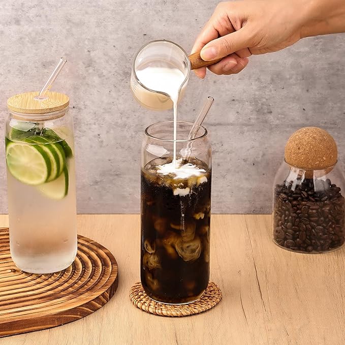 YUNCANG 6 Pack Bamboo Lid Glass Drinking Glasses with Glass Straw - 20-ounce Can Shaped Glassware for Beer, Iced Coffee, Cocktails, Whiskey, and More, Perfect for Cocktails, Whiskey, and Gifting