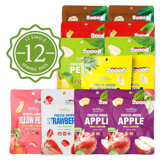 ONETANG Freeze-Dried Mixed Fruit, 12 Pack Single-Serve Pack, Non GMO, Kosher, No Add Sugar, Gluten free, Vegan, Holiday Gifts, Healthy Snack 0.35 Oz