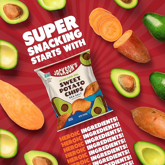 Jackson???Sweet Potato Kettle Chips Avocado Oil Variety Pack made with Premium Oils (1.5 oz, Pack of 10) Sea Salt, Ranch and BBQ Flavors - Allergen-friendly, Gluten Free, Vegan