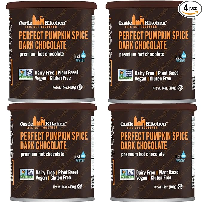 Castle Kitchen Pumpkin Spice Hot Chocolate (4 Pack,14 oz Ea.) - Dairy Free, Vegan Hot Cocoa Mix made With Decadent Dark Chocolate and Natural Flavors - Just Add Water - No Artificial Sweeteners