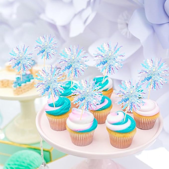 30 PCS Foil Firework Cupcake Toppers Sparkle Tinsel Cupcake Picks Happy Birthday Cake Toppers Drink Stirrers Cocktail Food Fruit Toothpicks for Baby Shower Wedding Party Decorations Supplies Blue