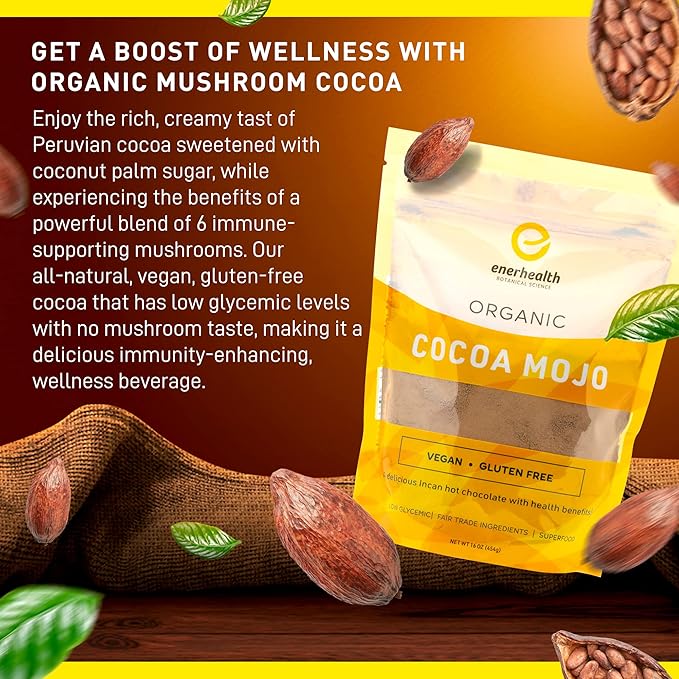 Enerhealth Botanicals Cocoa Mojo ??Certified Organic Hot Chocolate Peruvian Cocoa Mix, Sweetened with Low Glycemic Coconut Palm Sugar and Infused with 6 Mushroom Extracts to Boost Immunity ??16 oz