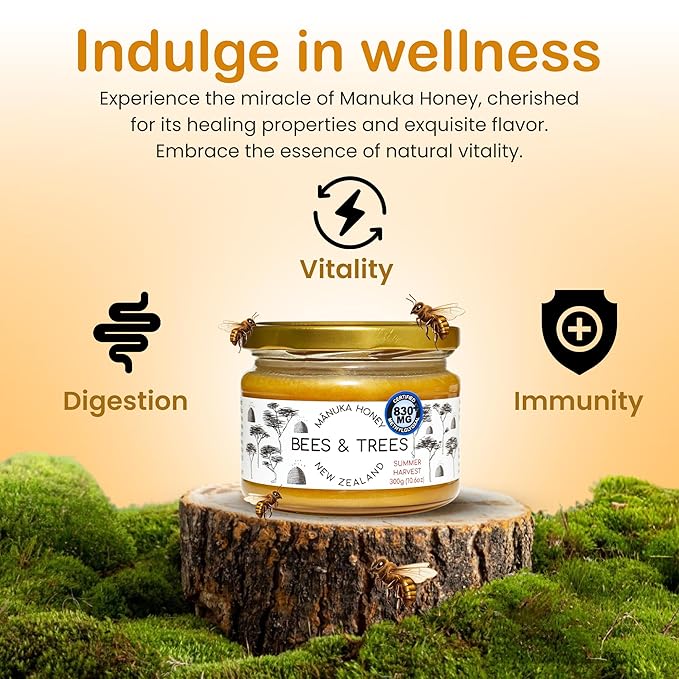 Bees & Trees Manuka Honey 830+ MGO – Pure New Zealand Raw Monofloral Honey – Unpasteurized & Natural – 300g (10.6oz) Glass Jar – Perfect for Coffee, Tea & Daily Wellness