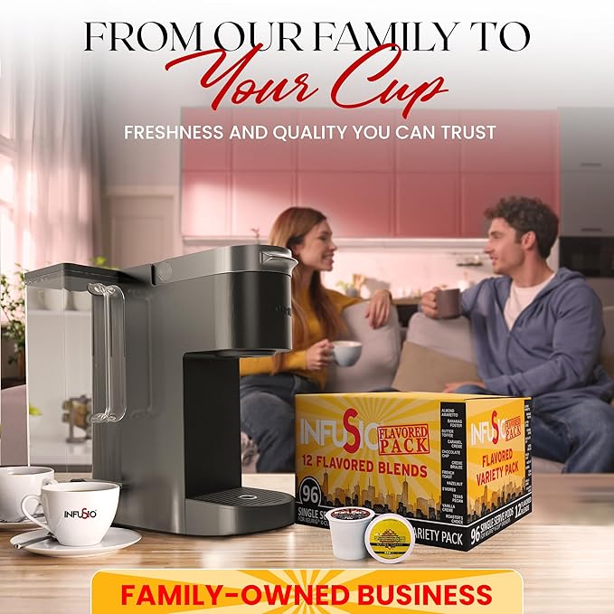 InfuSio Flavored Coffee Pods Variety Pack โ 96 Count, 12 Gourmet Medium Roast Dessert-Inspired Blends like Bananas Foster & Crรจme Brรปlรฉe, Compatible with Keurig K-Cup 2.0 Brewers