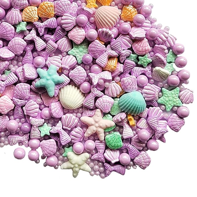 Sentovac Purple Mermaid Sprinkle Edible Decorating Ocean Sprinkles for Cake Cupcake Topper Cookie Baking Decorations Starfish Shell Pearl Mermaid Candy Mix Mermaid Party Birthday Cake Decorations