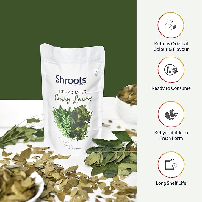 SHROOTS Dehydrated Curry Leaves Pure Vegetarian Gluten-Free No Added Salt Flavorful Kitchen Essential Machine Dried Vegetables with Natural Aroma Perfect for Everyday Cooking - 1.76 oz, Pack of 1