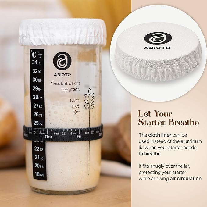 Sourdough Jar Kit, Includes 24 oz Sourdough Starter Jar with Metallic Lid, Silicone Spatula, Feeding Tracker, Extra Thermometer Strips & Breathable Covers ??Sourdough Bread Starter Kit