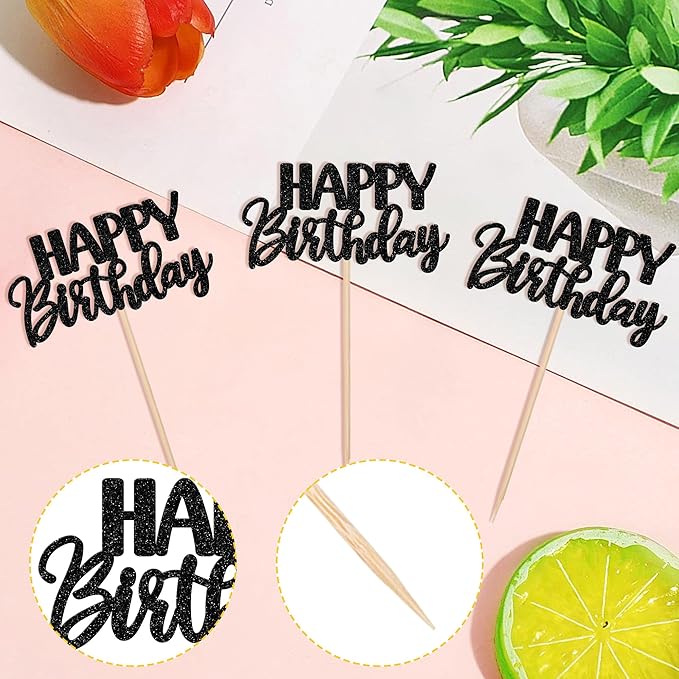 30 PCS Happy Birthday Cupcake Toppers Glitter Happy Birthday Cupcake Picks for Celebrating Birthday Anniversary Theme Party Cake Decorations Supplies Black