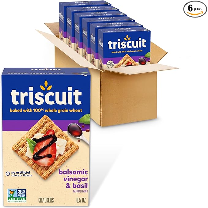 Triscuit Balsamic Vinegar & Basil Whole Grain Wheat Crackers, Lunch Snacks, Bulk Snack Crackers, 6 - 8.5 oz Boxes
